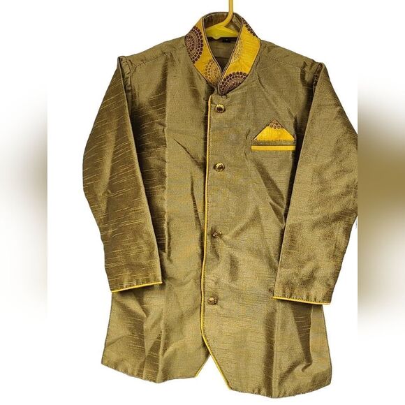 Golden Dupion Silk Kids Dhoti Kurta Pajama Boys Size 4 Ethnic Indian Wedding 2pc - Picture 3 of 15